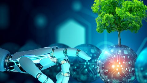 Robot hand pointing a digital ball with tree against nature with digital convergence and technology background