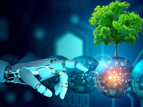 Robot hand pointing a digital ball with tree against nature with digital convergence and technology background